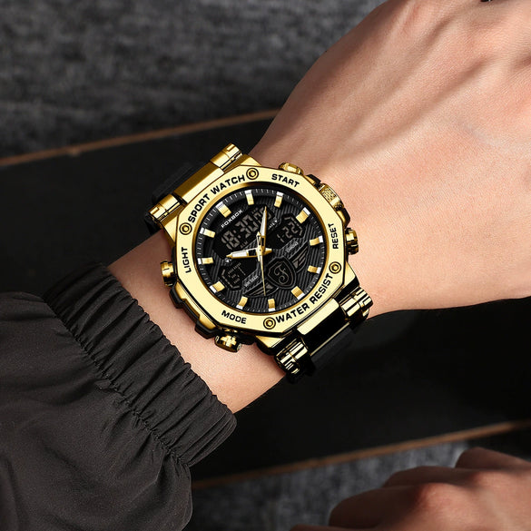 Men's Dual Display Electronic Watch Waterproof Luminous Chronograph Alarm Clock Sports Watch Round Dial Silicone Strap Alloy Case Mineral Glass Mirror