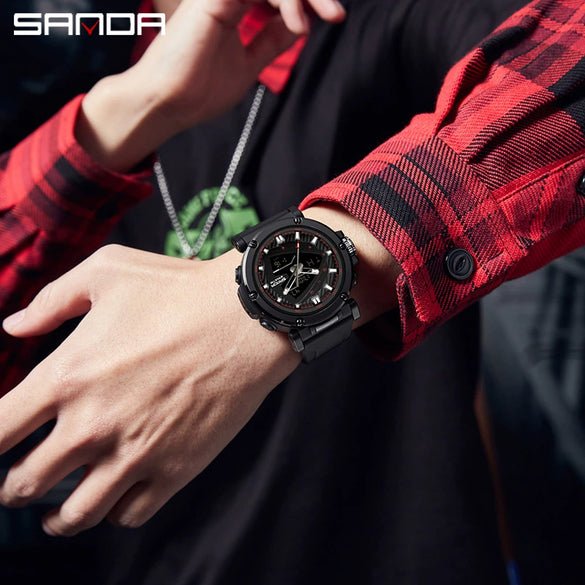 Men's Electronic Quartz Sports Waterproof Alarm Clock Watch Round Dial Alloy Case Silicone Strap Simple Style
