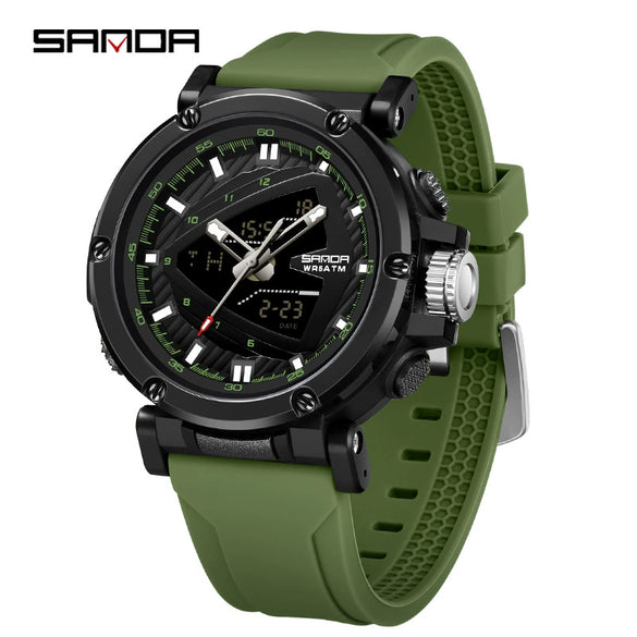 Men's Electronic Quartz Sports Waterproof Alarm Clock Watch Round Dial Alloy Case Silicone Strap Simple Style