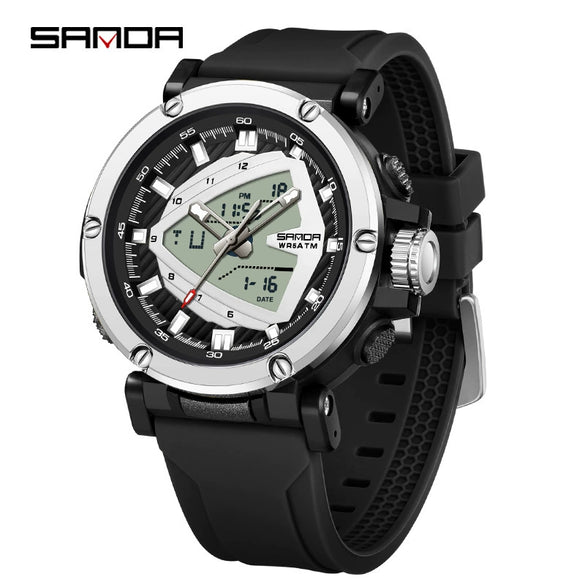 Men's Electronic Quartz Sports Waterproof Alarm Clock Watch Round Dial Alloy Case Silicone Strap Simple Style
