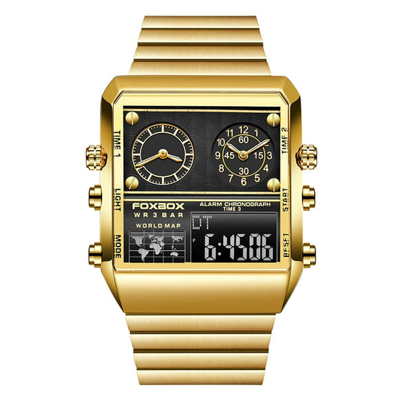 Men's Electronic Quartz Watch Alloy Case Stainless Steel Strap Square Dial Multifunctional Sports Waterproof
