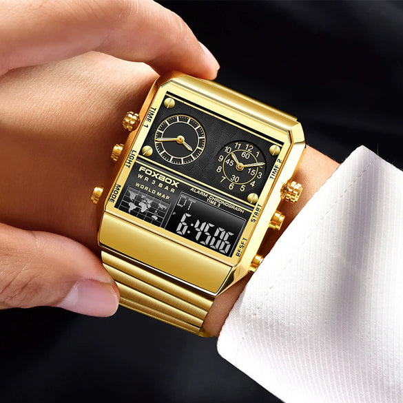 Men's Electronic Quartz Watch Alloy Case Stainless Steel Strap Square Dial Multifunctional Sports Waterproof