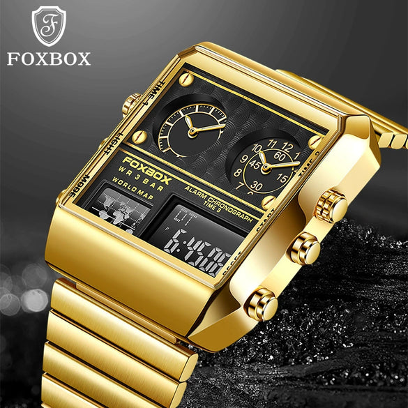 Men's Electronic Quartz Watch Alloy Case Stainless Steel Strap Square Dial Multifunctional Sports Waterproof