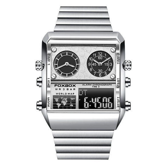 Men's Electronic Quartz Watch Alloy Case Stainless Steel Strap Square Dial Multifunctional Sports Waterproof