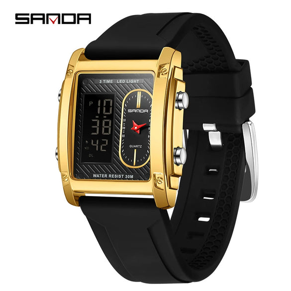 Men's Electronic Quartz Watch Square Alloy Alloy Case Silicone Strap Light Luxury Style Waterproof Multifunctional Dual Display