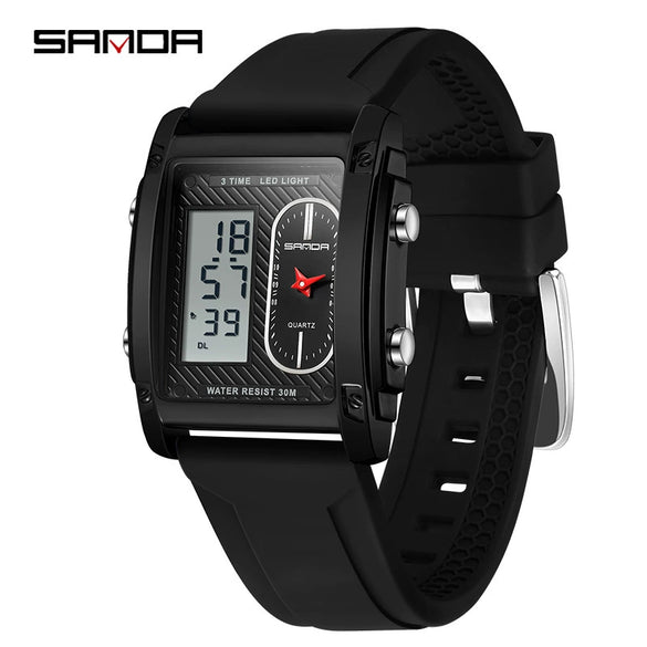 Men's Electronic Quartz Watch Square Alloy Alloy Case Silicone Strap Light Luxury Style Waterproof Multifunctional Dual Display