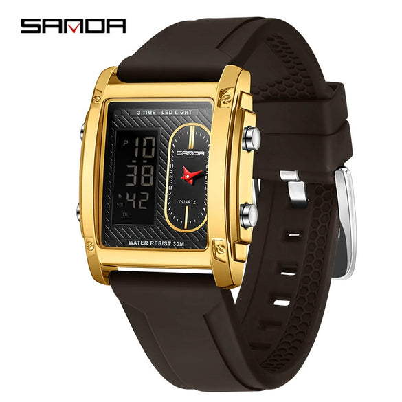 Men's Electronic Quartz Watch Square Alloy Alloy Case Silicone Strap Light Luxury Style Waterproof Multifunctional Dual Display