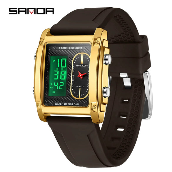 Men's Electronic Quartz Watch Square Alloy Alloy Case Silicone Strap Light Luxury Style Waterproof Multifunctional Dual Display