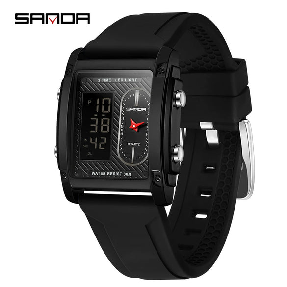 Men's Electronic Quartz Watch Square Alloy Alloy Case Silicone Strap Light Luxury Style Waterproof Multifunctional Dual Display