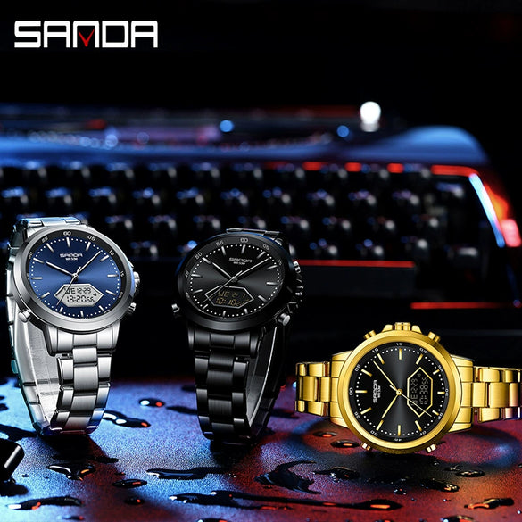 Men's Electronic Watch Waterproof Multifunction Simple Style Zinc Alloy Case Steel Belt Round Dial
