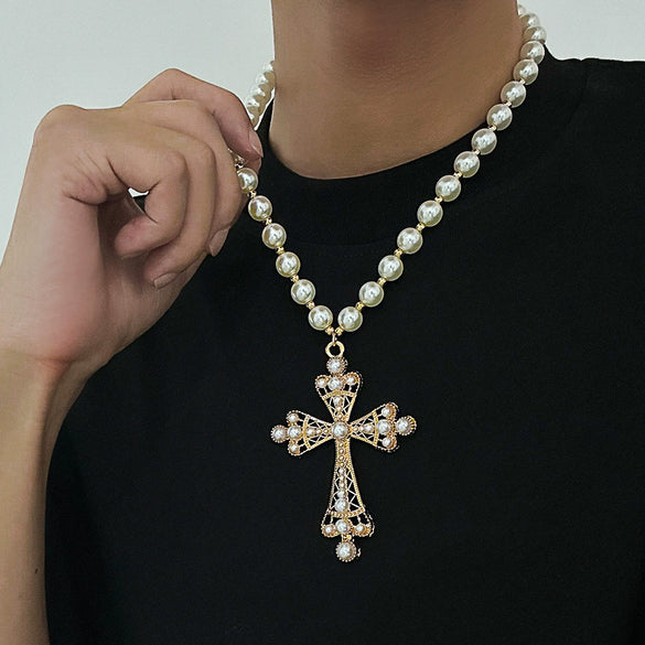 Men's Exaggerated Retro Fashion Geometric Cross Pendant Necklace Handmade With Imitation Pearls And Alloy
