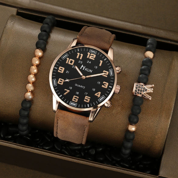 Men's Fashion Alloy Case Imitation Leather Belt Pointer Round Dial Watch With Stainless Steel Clasp