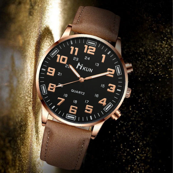 Men's Fashion Alloy Case Imitation Leather Belt Pointer Round Dial Watch With Stainless Steel Clasp