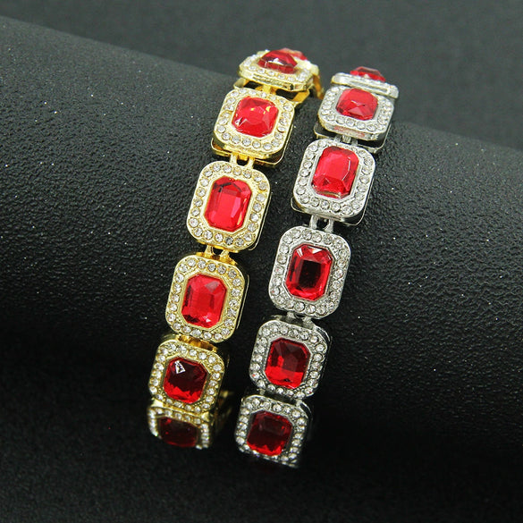 Men's Fashion Alloy Cuban Chain Necklace With Red Geometric Diamond Stitching