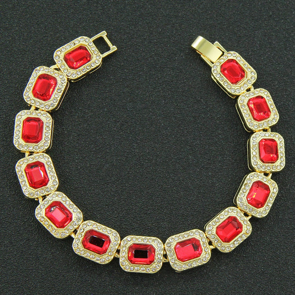 Men's Fashion Alloy Cuban Chain Necklace With Red Geometric Diamond Stitching