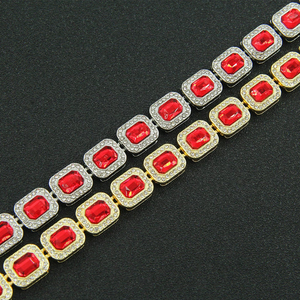 Men's Fashion Alloy Cuban Chain Necklace With Red Geometric Diamond Stitching