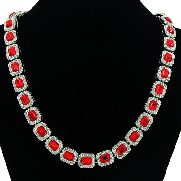 Men's Fashion Alloy Cuban Chain Necklace With Red Geometric Diamond Stitching