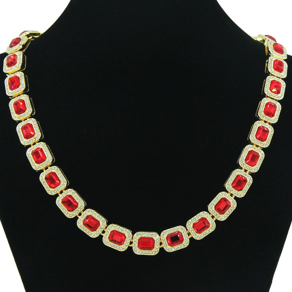 Men's Fashion Alloy Cuban Chain Necklace With Red Geometric Diamond Stitching