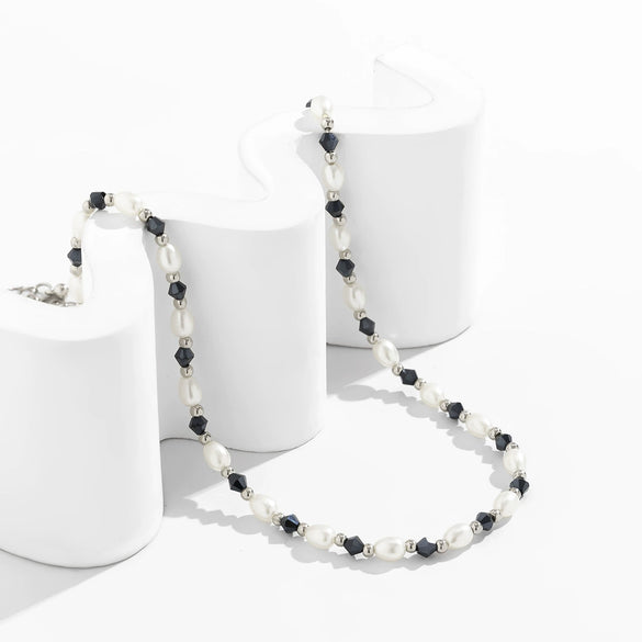 Men's Fashion Black Geometric Imitation Pearl Clavicle Chain Necklace Handmade