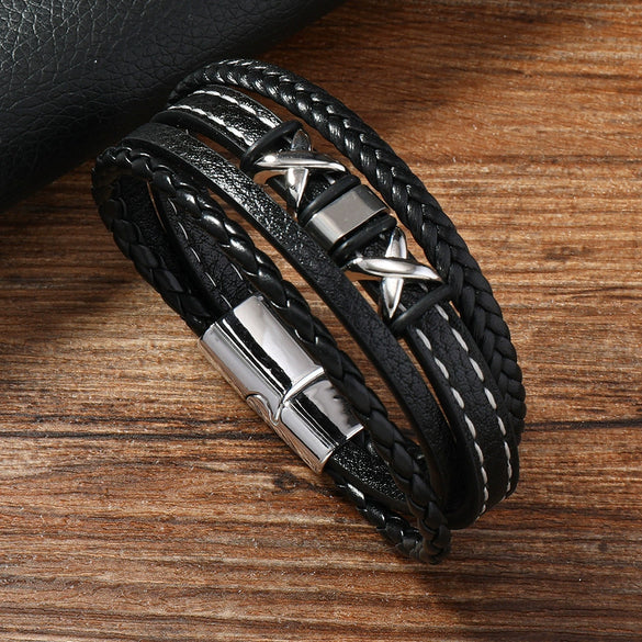 Men's Fashion Braided Leather Bracelet With Alloy Magnetic Buckle And Letter Pattern