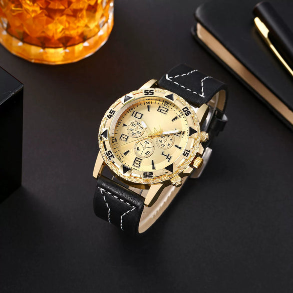 Men's Fashion Business Quartz Watch Metal Case Imitation Leather Strap Titanium Buckle Round Dial