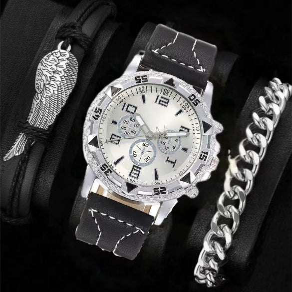 Men's Fashion Business Quartz Watch Metal Case Imitation Leather Strap Titanium Buckle Round Dial