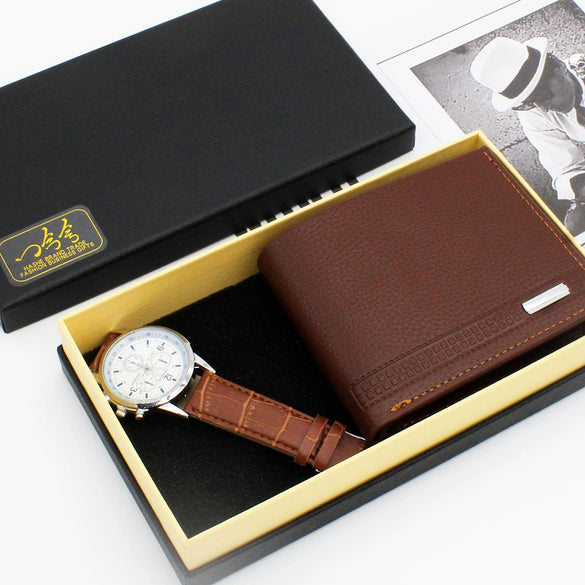 Men's Fashion Business Watch And Short Wallet Set Pu Strap Alloy Case Stainless Steel Clasp Round Dial