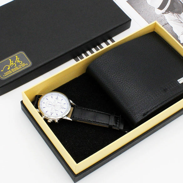 Men's Fashion Business Watch And Short Wallet Set Pu Strap Alloy Case Stainless Steel Clasp Round Dial