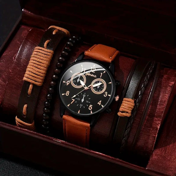 Men's Fashion Casual Alloy And Imitation Leather Quartz Watch With Round Dial And Stainless Steel Clasp
