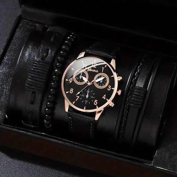 Men's Fashion Casual Alloy And Imitation Leather Quartz Watch With Round Dial And Stainless Steel Clasp