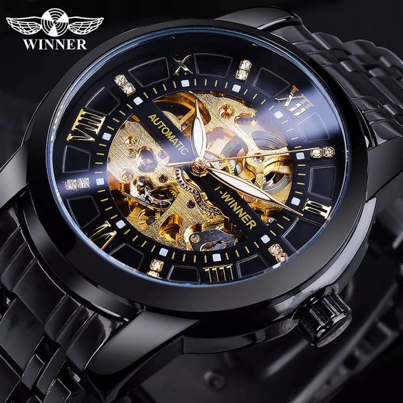 Men's Fashion Casual Hollow Automatic Mechanical Watch Alloy Case Mineral Reinforced Glass Mirror Round Dial
