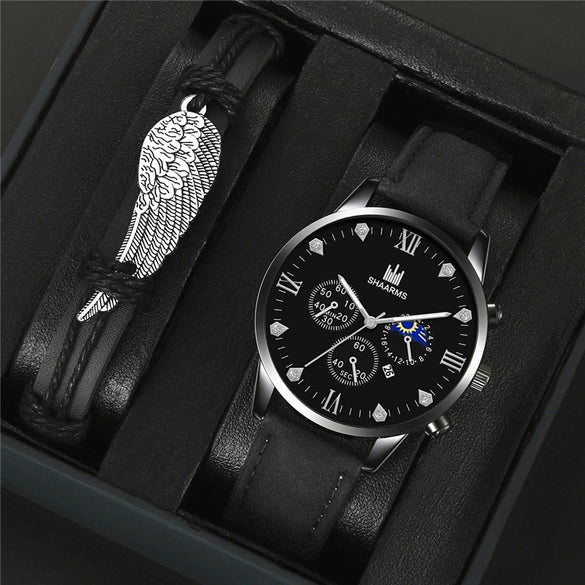 Men's Fashion Casual Quartz Watch With Round Dial Alloy Case Imitation Leather Strap And Stainless Steel Buckle