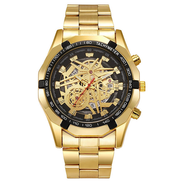 Men's Fashion Electroplating Tungsten Steel Alloy Leisure Automatic Imitation Mechanical Round Dial Watch
