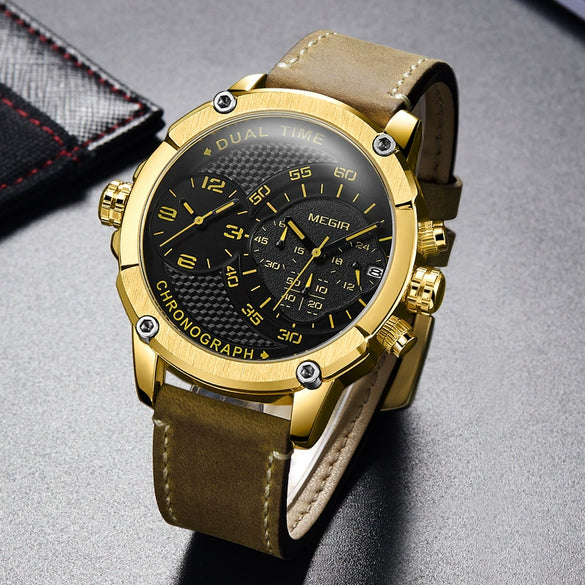 Men's Fashion Movement Multifunctional Genuine Leather Quartz Watch With Alloy Case And Round Dial