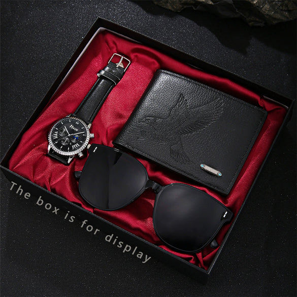 Men's Fashion Quartz Belt Watch Sunglasses Wallet 3Piece Gift Box Set With Stainless Steel Buckle Imitation Leather Strap Alloy Case And Round Dial