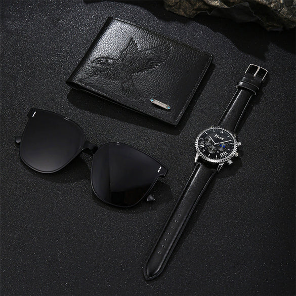 Men's Fashion Quartz Belt Watch Sunglasses Wallet 3Piece Gift Box Set With Stainless Steel Buckle Imitation Leather Strap Alloy Case And Round Dial