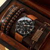 Men's Fashion Quartz Watch And Woven Bracelet Set Pu Strap Alloy Buckle Round Dial