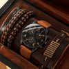 Men's Fashion Quartz Watch And Woven Bracelet Set Pu Strap Alloy Buckle Round Dial