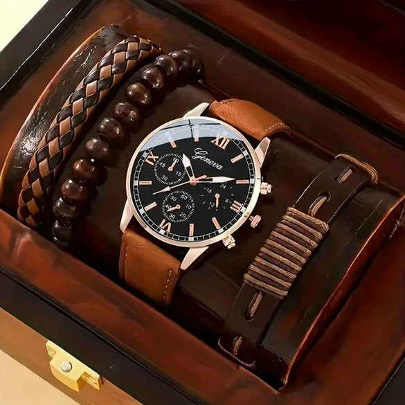 Men's Fashion Quartz Watch And Woven Bracelet Set Pu Strap Alloy Buckle Round Dial
