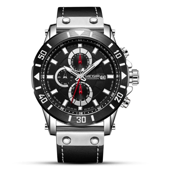 Men's Fashion Sports Watch Alloy Case Genuine Leather Strap Round Dial Threeeye Chronograph