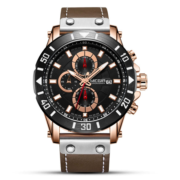 Men's Fashion Sports Watch Alloy Case Genuine Leather Strap Round Dial Threeeye Chronograph