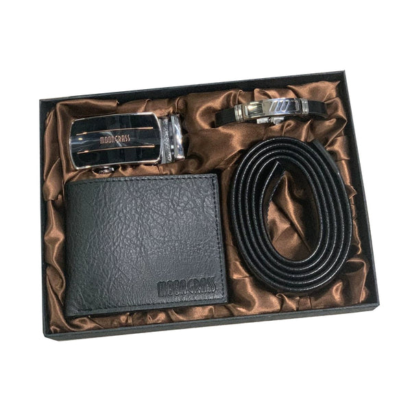 Men's Fashion Stainless Steel Watch Bracelet Wallet Belt 4 Pcsset With Round Dial