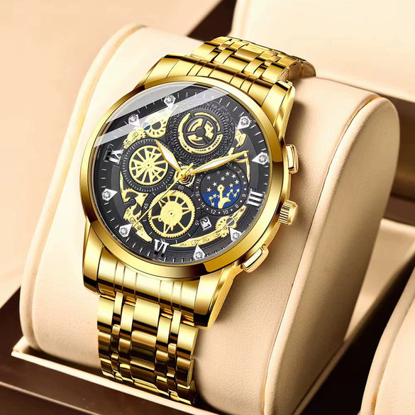 Men's Fashion Stainless Steel Waterproof Calendar Luminous Watch With Round Dial And Mineral Strengthened Glass Mirror