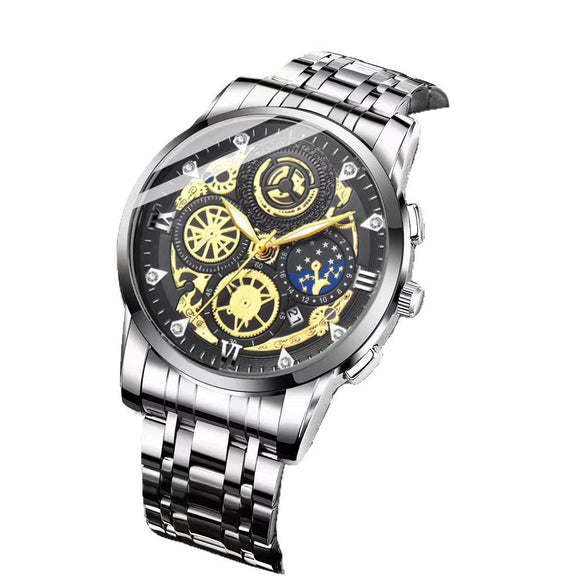 Men's Fashion Stainless Steel Waterproof Calendar Luminous Watch With Round Dial And Mineral Strengthened Glass Mirror