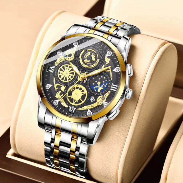 Men's Fashion Stainless Steel Waterproof Calendar Luminous Watch With Round Dial And Mineral Strengthened Glass Mirror