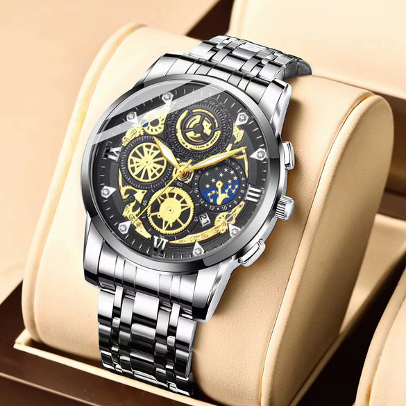 Men's Fashion Stainless Steel Waterproof Calendar Luminous Watch With Round Dial And Mineral Strengthened Glass Mirror