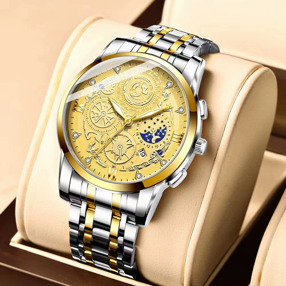 Men's Fashion Stainless Steel Waterproof Calendar Luminous Watch With Round Dial And Mineral Strengthened Glass Mirror