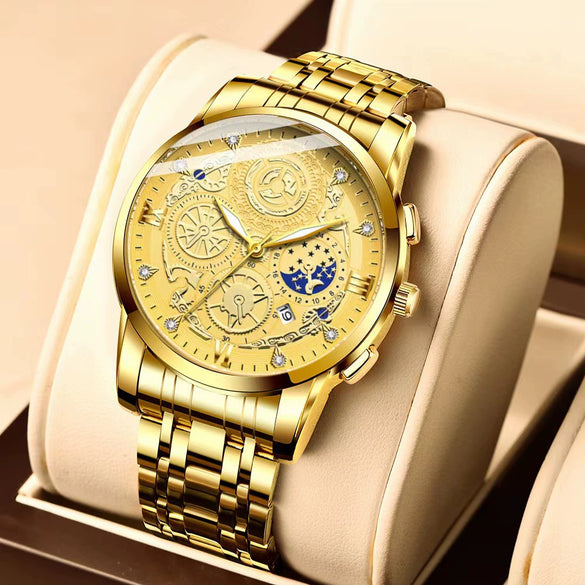 Men's Fashion Stainless Steel Waterproof Calendar Luminous Watch With Round Dial And Mineral Strengthened Glass Mirror