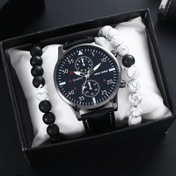 Men's Fashion Student Quartz Watch Set With Round Dial Stainless Steel Clasp And Imitation Leather Strap