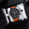 Men's Fashion Student Quartz Watch Set With Round Dial Stainless Steel Clasp And Imitation Leather Strap